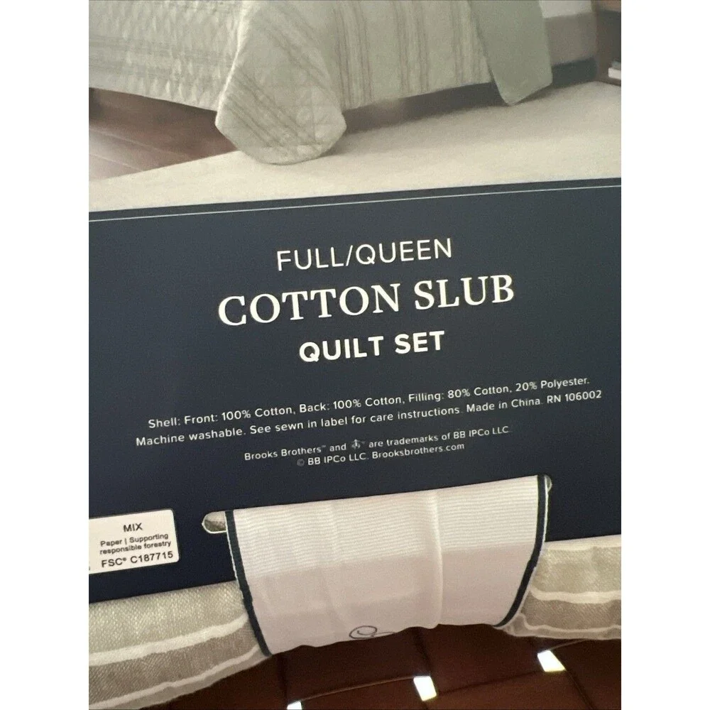 Brooks Brothers Cotton Slub Quilt Sham Set Full Queen Green Stripes 3 Pc Set New